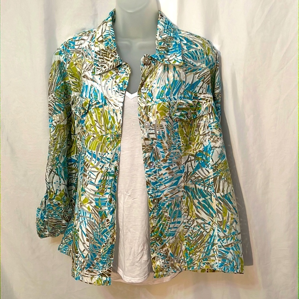 Mirror Image Womens Tropical Print Sheer Button Front Size XL